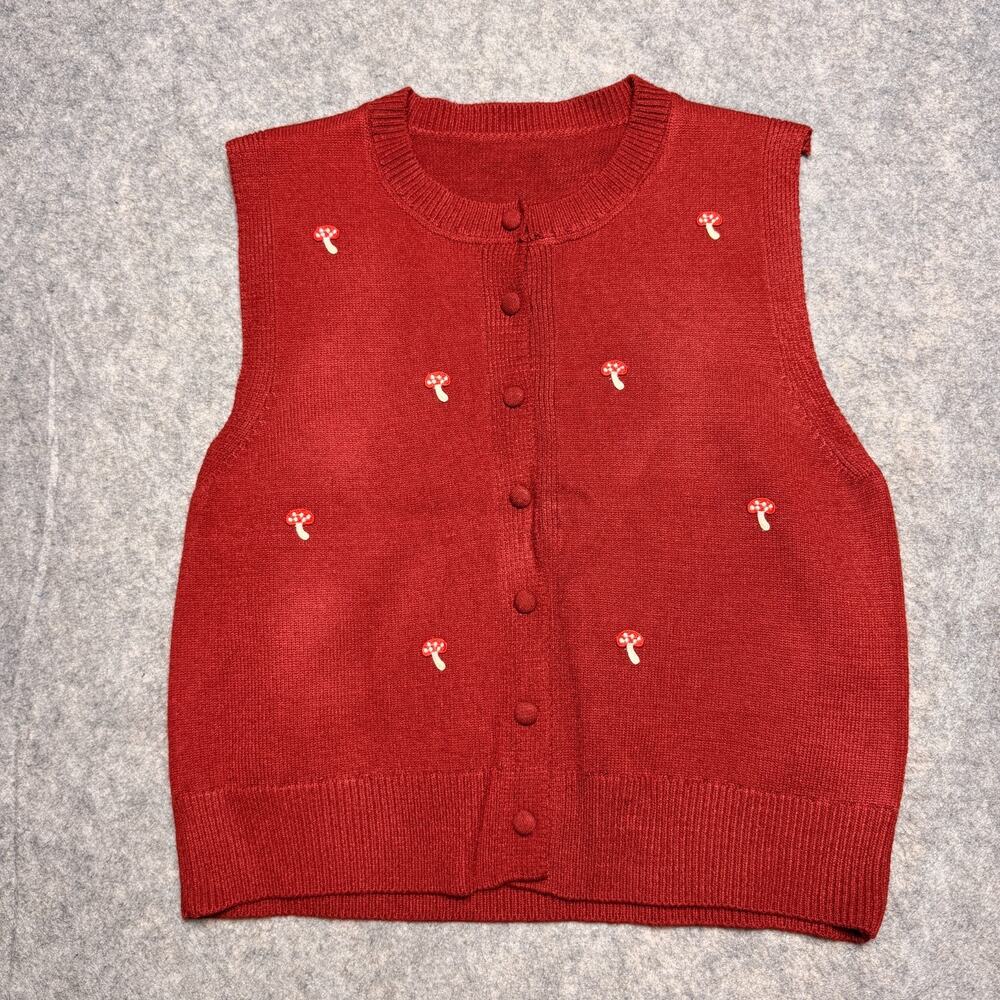 Red Mushroom Embroidered Knit Sweater Vest Cottagecore Boho Size M